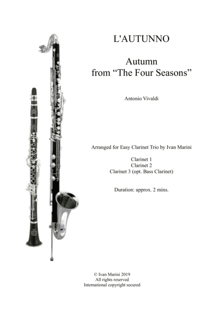 Autunno - Autumn from The Four Seasons - Antonio Vivaldi - for Easy Clarinet Trio (opt. Bass) (arr. Ivan Marini)