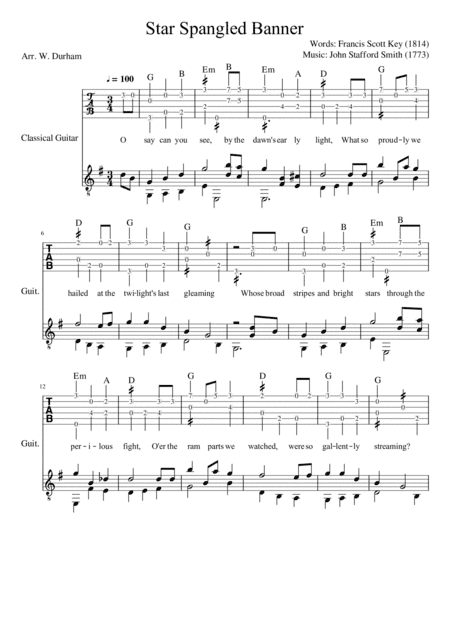 Star Spangled Banner (for Fingerstyle Guitar) (arr. W. Durham)