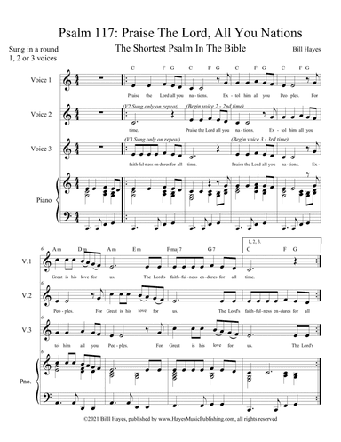 Psalm 117:  Praise The Lord All You Nations - 3 equal voices & piano