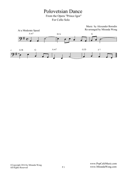 Polovetsian Dances (from Prince Igor) - Cello, Bass Clarinet or Trombone Solo (Bass Clef) (arr. Miranda Wong)