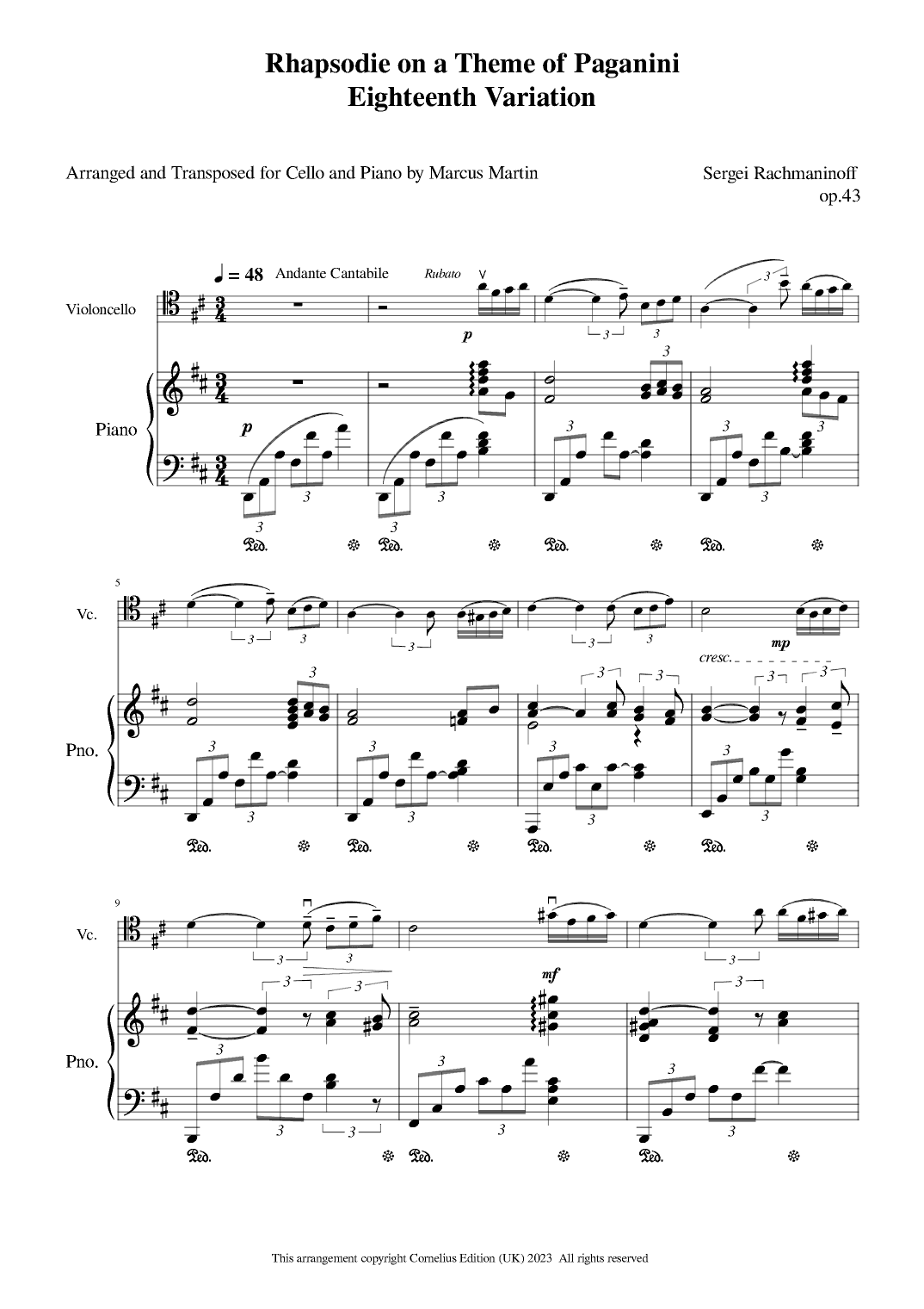 Rhapsody on a Theme of Paganni Eighteenth Variation arranged for Cello and Piano D major (arr. Marcus Martin)