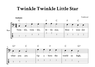 Twinkle Twinkle Little Star - For Bass (C Major with TAB and Lyrics) (arr. Yuri Noronha)