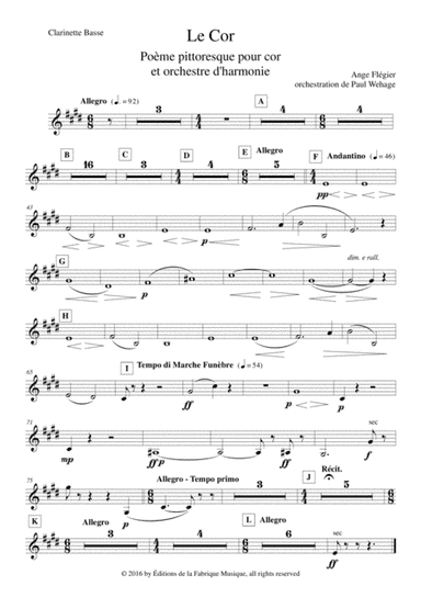 Ange Flégier: Le Cor for solo horn and concert band  bass clarinet part (arr. Paul Wehage)