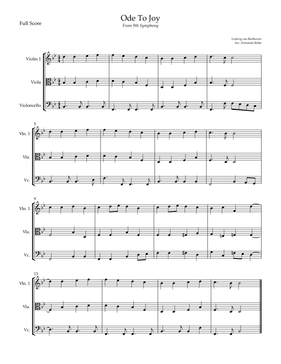 Ode To Joy (from Beethoven's 9th Symphony) for String Trio (arr. Fernando Britto)