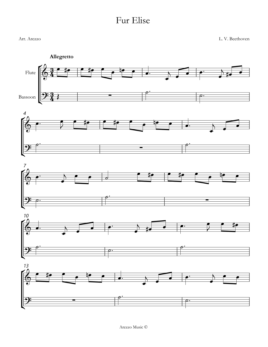 beethoven fur elise Flute and Bassoon sheet music (arr. Arezzo Music)