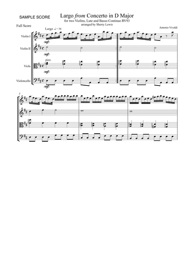 LARGO from Concerto in D for 2 Violins and Lute, RV93, String Quartet, Intermediate Level for 2 viol (arr. Sherry Lewis)