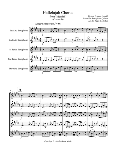 Hallelujah (from "Messiah") (D) (Saxophone Quintet - 2 Alto, 2 Tenor, 1 Bari) (arr. Regis Bookshar)