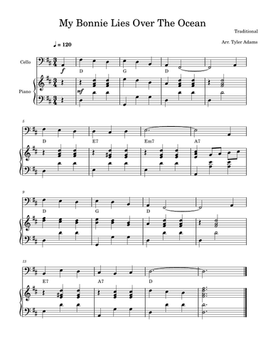 My Bonnie Lies Over The Ocean (Easy Cello) (arr. Tyler Adams)