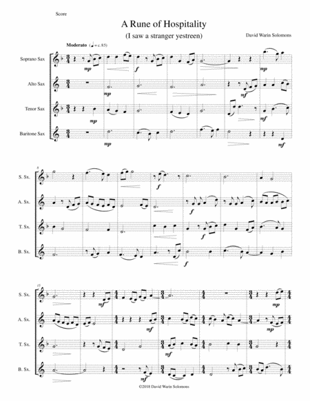 A Rune of hospitality - I saw a stranger yestreen - for saxophone quartet