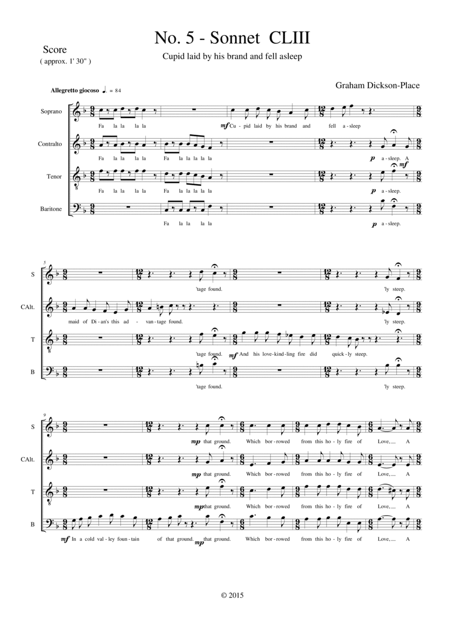 Shakespeare Sonnet No. CLIII - 'Cupid laid by his brand and fell asleep' Composed by Graham Dickson-