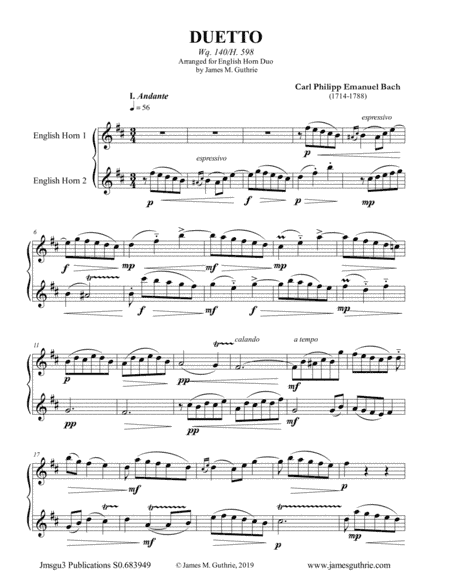 CPE Bach: Duetto Wq. 140 for English Horn Duo (arr. James M. Guthrie, ASCAP)