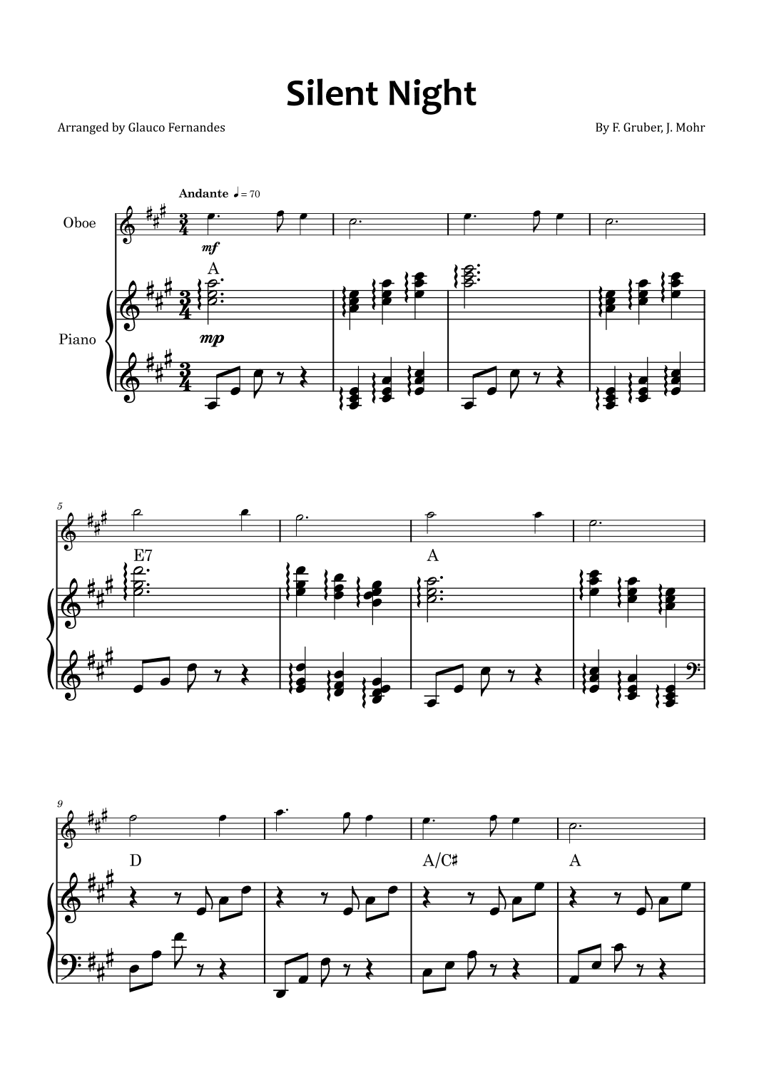 Silent Night - Oboe and piano with chord notations (arr. Glauco Fernandes)