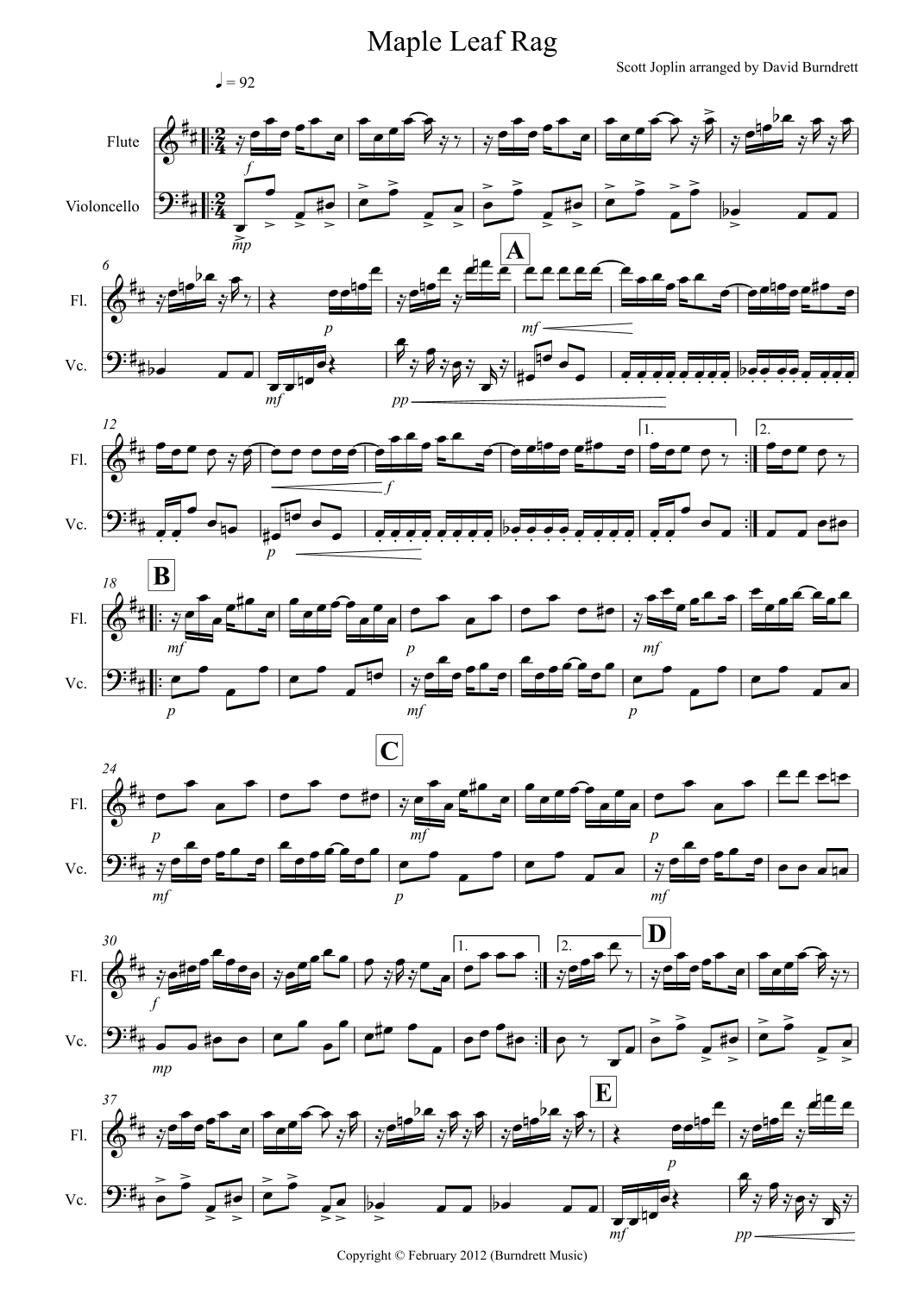 Maple Leaf Rag for Flute and Cello Duet (arr. David Burndrett)