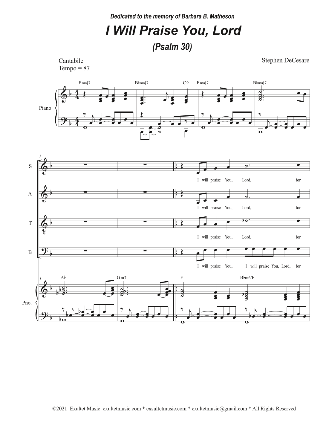 I Will Praise You, Lord (Psalm 30) (Vocal Quartet - (SATB)