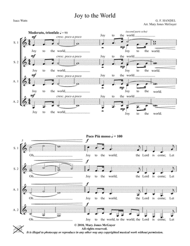 Joy to the World for Ladies' a cappella (S.S.A.A.) (arr. Mary S Jones)