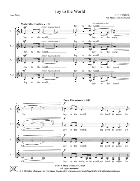 Joy to the World for Ladies' a cappella (S.S.A.A.) (arr. Mary S Jones)