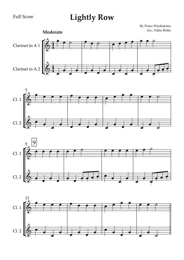 Lightly Row for Clarinet in A Duo (arr. Fabio Britto)
