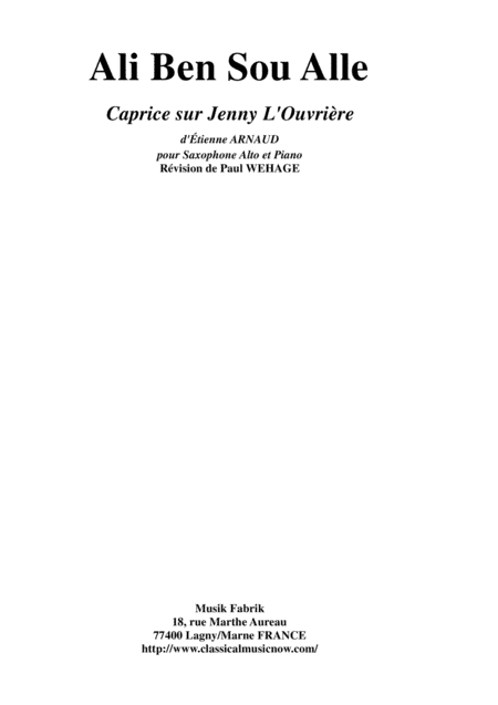 Ali Ben Sou Alle: Caprice sur "Jenny L'Ouvrière" for alto saxophone and piano (arr. Musik Fabrik Music Publishing)