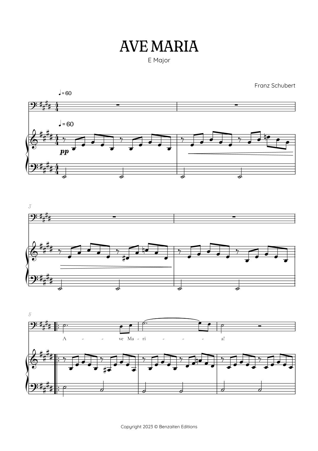 Schubert Ave Maria in E major • baritone voice sheet music with easy piano accompaniment (arr. Benzaiten Editions)