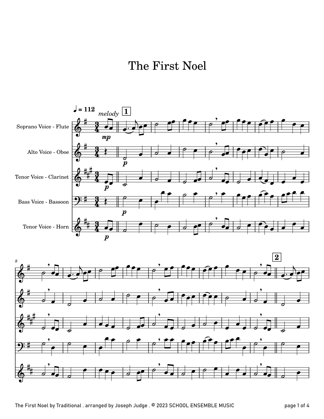 The First Noel for Woodwind Quartet in Schools (arr. Joseph Judge)