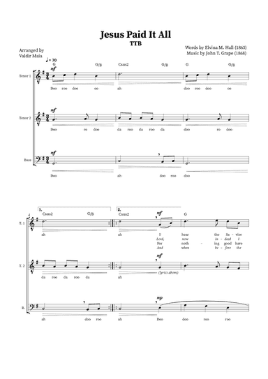 Jesus Paid It All - TTB Trio or Choir (+ Chords) (arr. Valdir Maia)