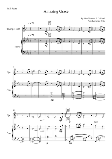 Amazing Grace for Trumpet in Bb Solo and Piano Accompaniment with Chords (arr. Fernando Britto)