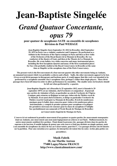 Jean-Baptiste Singelée: Grand Quatuor Concertante, opus 79 pour quatuor de saxophones SATB ou ensemb (arr. Musik Fabrik Music Publishing)