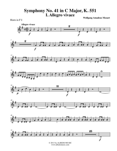 Mozart Symphony No. 41, Jupiter, Movement I - Horn in F 1 (Transposed Part), K. 551 (arr. Doug Clyde)
