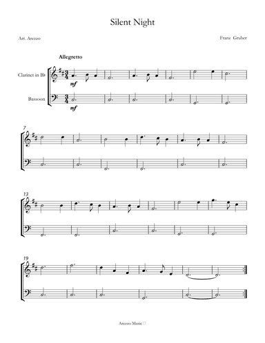 franz gruber Silent Night for beginners clarinet and bassoon sheet music (arr. Arezzo Music)