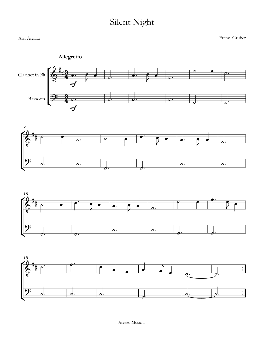 franz gruber Silent Night for beginners clarinet and bassoon sheet music (arr. Arezzo Music)