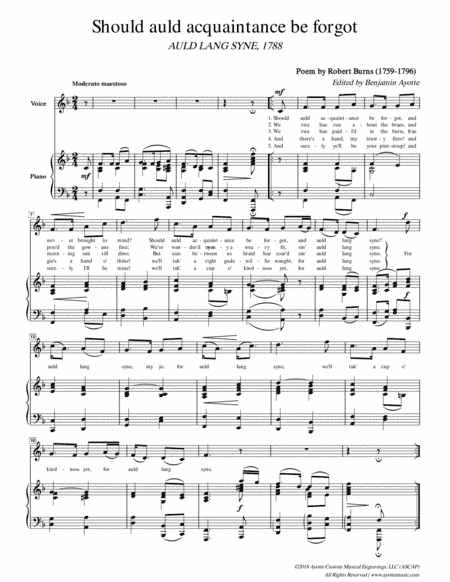 Robert Burns - Auld Lang Syne for solo voice and piano, F major (arr. Benjamin Ayotte)