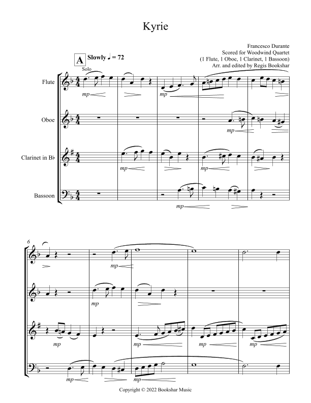 Kyrie (Durante) (Woodwind Quartet - 1 Flute, 1 Oboe, 1 Clar, 1 Bassoon) (arr. Regis Bookshar)