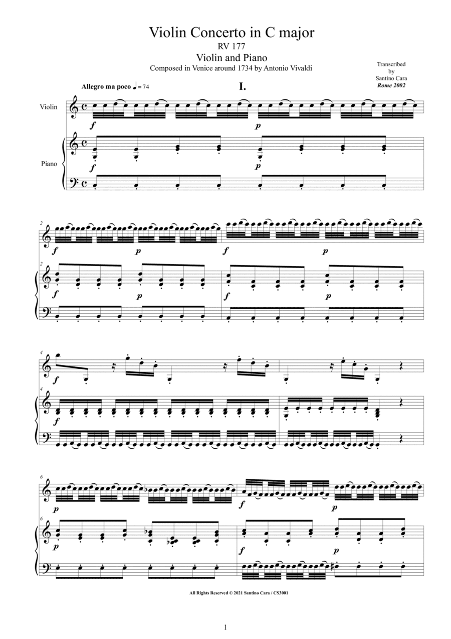 Vivaldi - Violin Concerto in C major RV 177 for Violin and Piano (arr. Santino Cara)