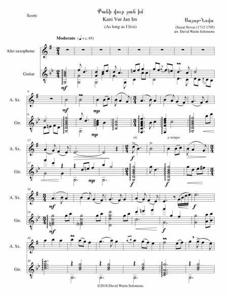 Kani Vur Jan Im (Քանի վուր ջան իմ) - (As long as I live) alto saxophone and classical guitar (arr. David Warin Solomons)