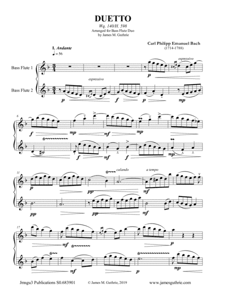 CPE Bach: Duetto Wq. 140 for Bass Flute Duo (arr. James M. Guthrie, ASCAP)