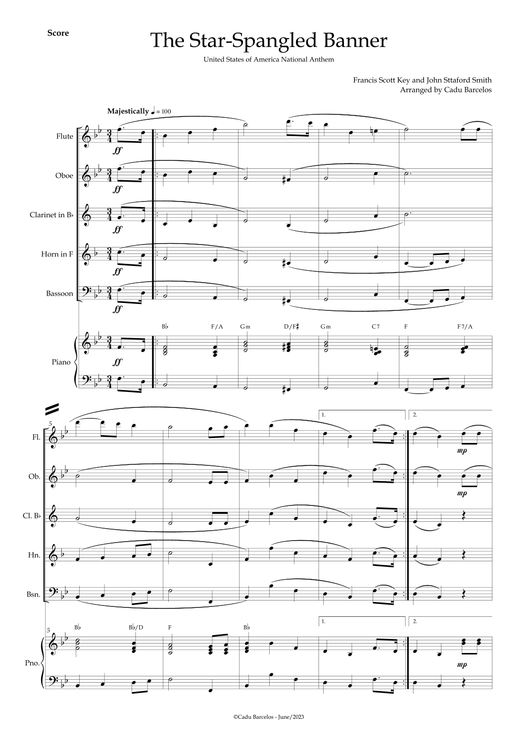 The Star-Spangled Banner - EUA Hymn (Woodwind Quintet) Piano and chords (arr. Cadu Barcelos)