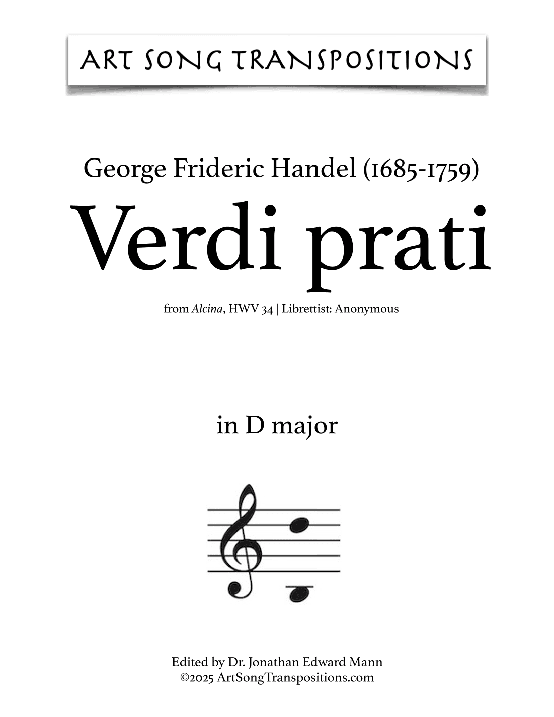 HANDEL: Verdi prati (transposed to D major) (arr. ArtSongTranspositions.com)
