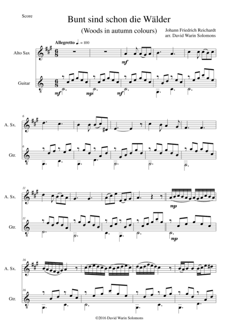 Bunt sind schon die Wälder (Woods in autumn colours) for alto saxophone and guitar (arr. David Warin Solomons)