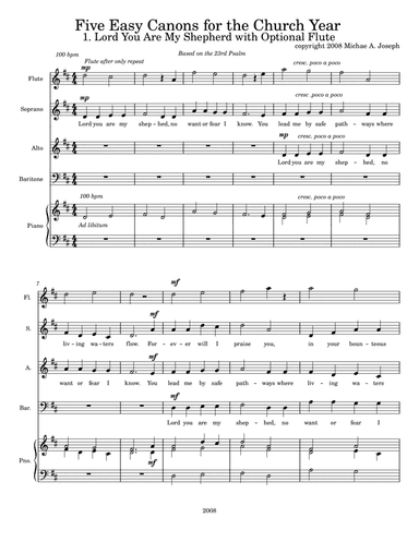 Five Easy Canons for the Church Year #1. Lord You Are My Shepherd with an optional Flute part