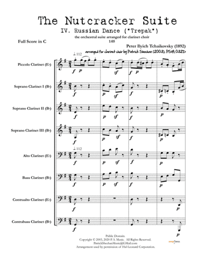 Nutcracker Suite, Mvt. IV "Russian Dance (Trepak)" for clarinet choir (full score & set of parts) (arr. Patrick Sheehan)