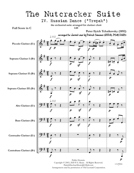 Nutcracker Suite, Mvt. IV "Russian Dance (Trepak)" for clarinet choir (full score & set of parts) (arr. Patrick Sheehan)
