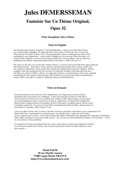 Jules Demersseman : Fantaisie, opus 32 for alto saxophone and piano (arr. Musik Fabrik Music Publishing)