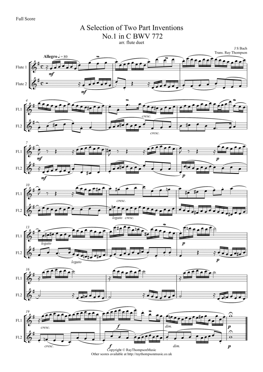 Bach:  A Selection of Inventions (Two Part Inventions) nos. 1,3,4,5,6,13 & 15) - flute duet (arr. Ray Thompson)