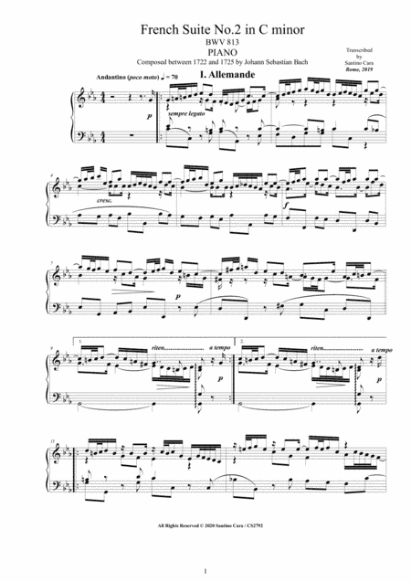 Bach - French Suite No.2 in C minor BWV 813 for Piano (arr. Santino Cara)