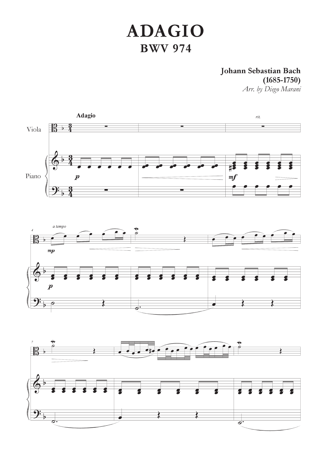 Adagio from BWV 974 for Viola and Piano (arr. Diego Marani)