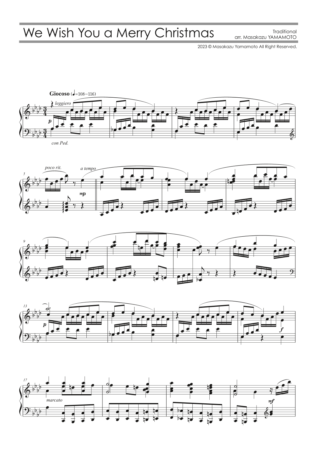 We Wish You a Merry Christmas [Piano solo / advanced / Christmas Music Arr.] (arr. Masakazu YAMAMOTO)