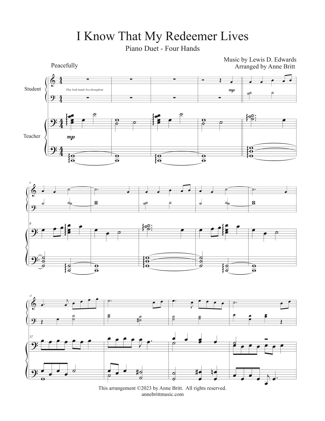 I Know That My Redeemer Lives (late elementary student/teacher duet) (arr. Anne Britt)