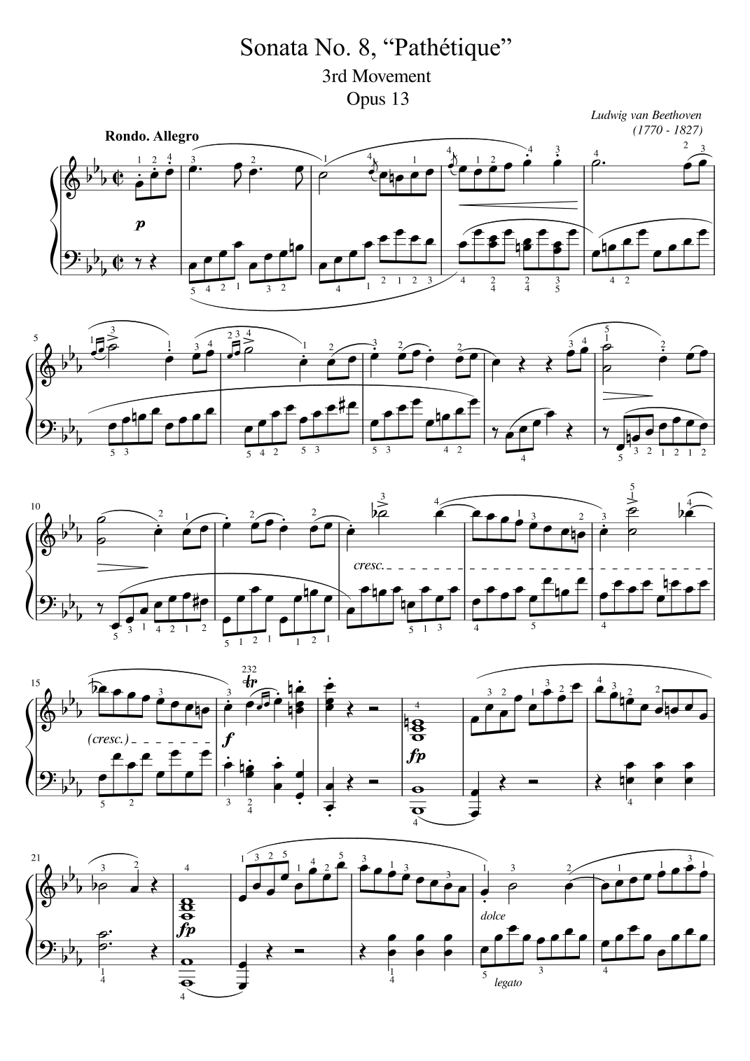 Beethoven - Piano Sonata No. 8, “Pathétique”, 3rd Movement Op.13 - Original With Fingered (arr. poon)