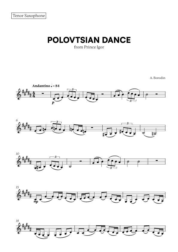 Polovtsian Dance (from Prince Igor) (for Tenor Saxophone) (arr. Cadenza Editions)