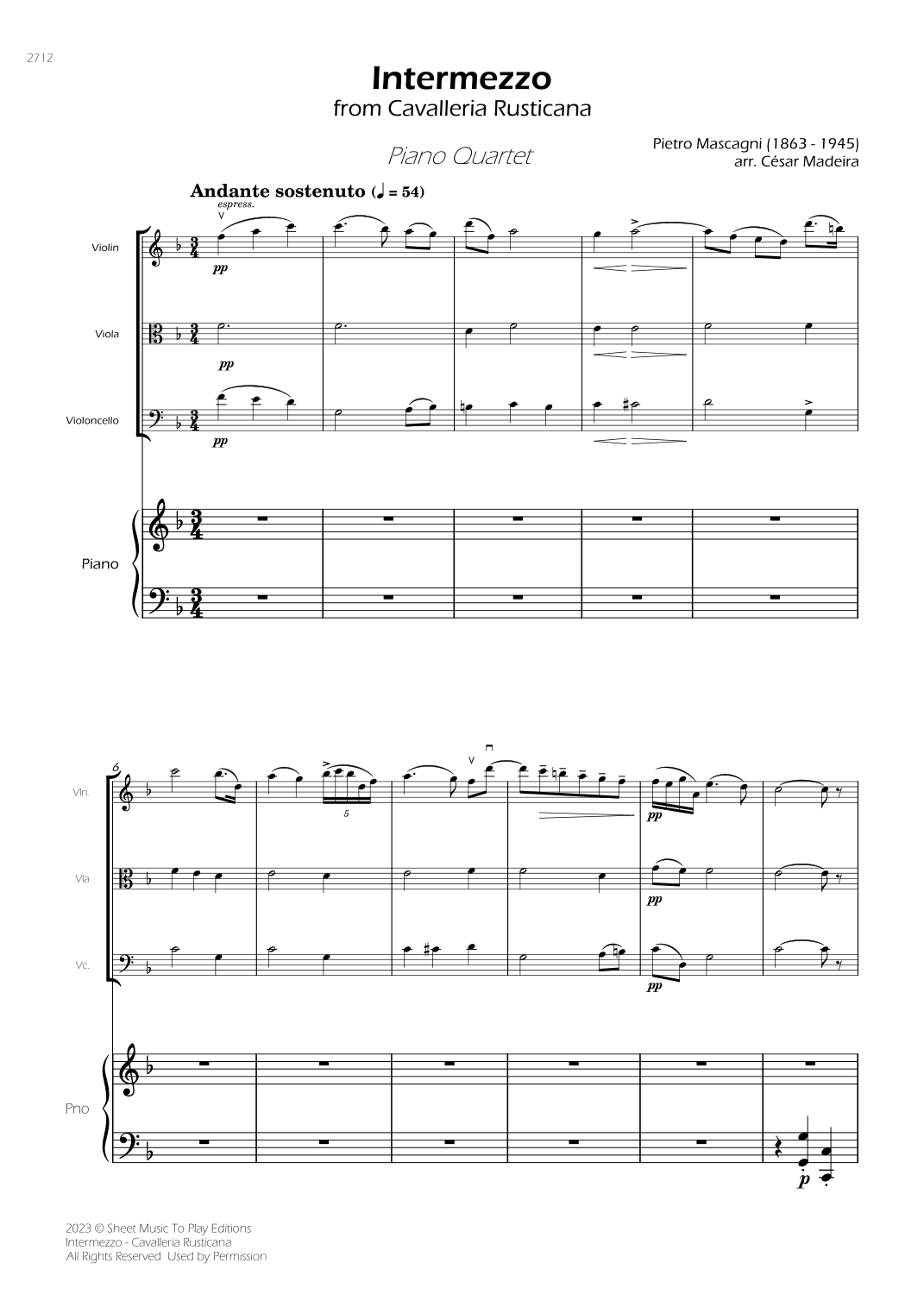 Intermezzo from Cavalleria Rusticana - Piano Quartet (Full Score) - Score Only (arr. César Madeira)